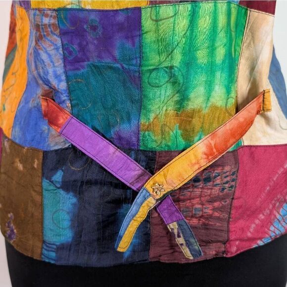 VTG L 80s 90s Silk Patchwork Vest Boho Hippy Festival Blossom Art Renfair Pirate - Picture 6 of 9